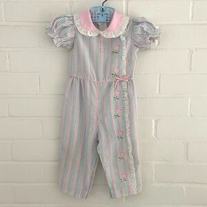 Classic Vintage Baby Girl Size 12 Months Pastel Striped Summer Romper